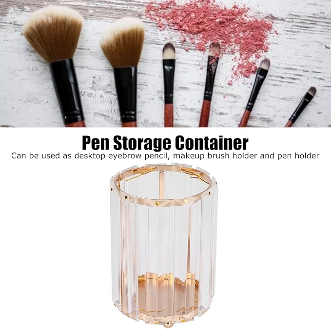 CDQL Cosmetic Brush Holder, Transparent Glass, Round Decorative Box, Pen Storage Organizer, Desktop Makeup Brush Container for Vanity (Gold)