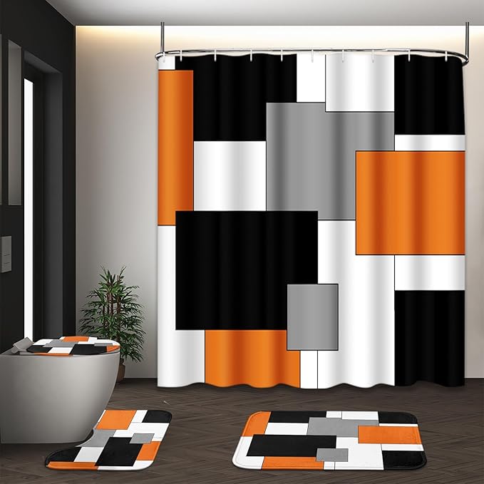 Orange Geometric Shower Curtain Set with Toilet Lid Cover and Non-Slip Rugs for Bathroom, Black White Grey Checkered 4 Pcs Shower Curtain, Modern Abstract Bathroom Set with 12 Hooks
