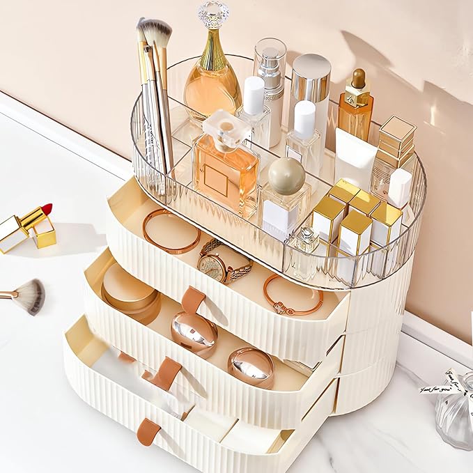 DASITON Makeup Organizer with Drawer,6 Slots Stackable Makeup Brush Holder,Skincare and Cosmetic Organizer for Bathroom Vanity Countertop Makeup Storage for Cosmetics,Brushes,Lipstick and Jewelry