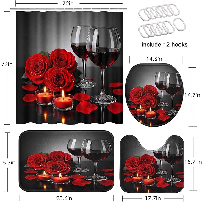 Britimes 4 Piece Shower Curtain Sets, with 12 Hooks, Red Wine Rose with Non-Slip Rugs, Toilet Lid Cover and Bath Mat for Bathroom Decor Set, 72" x 72"