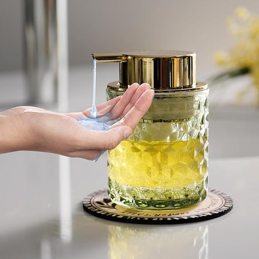 CICUFY Hand Soap Dispenser Glass, Refillable Liquid Dispenser for Bathroom & Kitchen,Lotion Dispenser with Large Gold Pump（Diamond Pattern-Green）