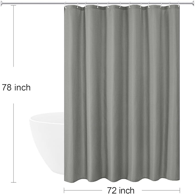 Gibelle Long Shower Curtain 72 x 78, 230GSM Tall Waffle Weave Textured Fabric Shower Curtain for Bathroom, Water Repellent, Machine Washable, Grey