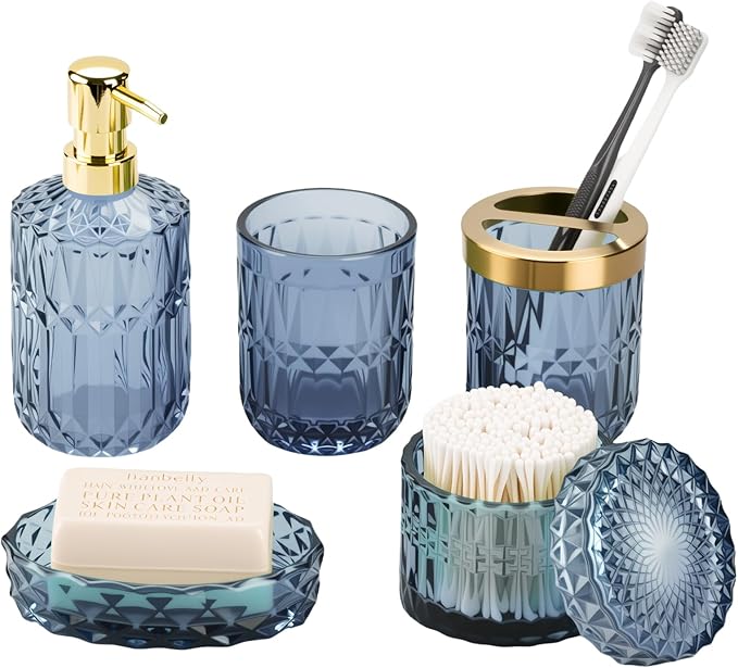 Blue Bathroom Accessories Set, 5Pack Clear Glass Bathroom Accessories, Includes Lotion Soap Dispenser, Toothbrush Holder, Qtip Holder and Soap Dish, Vintage Bathroom Decor
