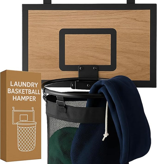 ActiveJoy – Basketball Laundry Hamper – Wooden Backboard & Mesh Hoop Laundry Basket – Over Door Hanging Organizer for Kids - Cedarwood Brown