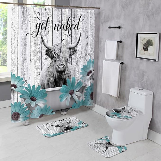 4 Pcs Farmhouse Cow Shower Curtain Sets with Rugs Wooden Bathroom Set Rustic Teal Flowers Home Bath Bathtub Decor for Bathroom 72 x 72 Inch
