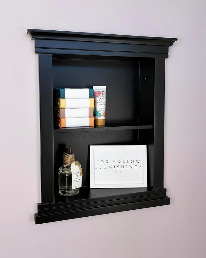 Fox Hollow Furnishings 14x18 Elliot Craftsman Recessed Wood Wall Niche, Open Medicine Cabinet Replacement, in The Wall Bathroom Cabinet Insert Shelves, Made in North America, NO MDF, Plain, Black