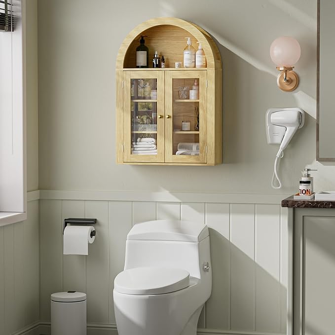 BREEZEHEAT Arched Medicine Cabinet with Glass Doors, Adjustable Shelf, Wall Mounted Bathroom Storage Cabinet Over Toilet, Natural Oak Wood Grain, 23.6''W × 31.5''H