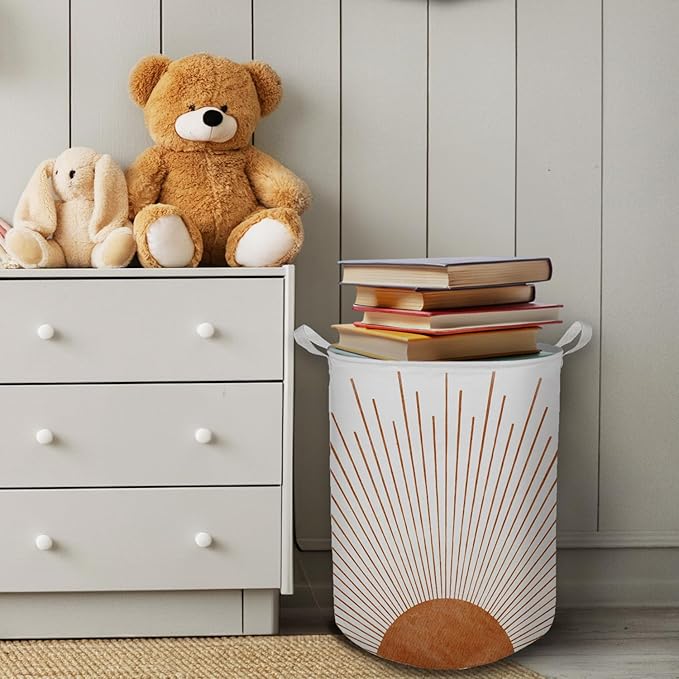 Boho Laundry Basket, Mid Century Modern Boho Terracotta Sun Sunshine Waterproof Collapsible Laundry Hamper Dirty Clothes Storage Toy Bin Organizer for Bathroom Bedroom Nursery Girls Kids Room