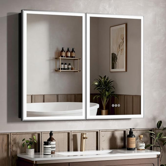 40X32 Inches Framed Medicine Cabinet with Lights, Bathroom Medicine Cabinet with 3-Color/Dimmable, Anti-Fog, Plug-in & Hardwired, Surface Mount & Recessed