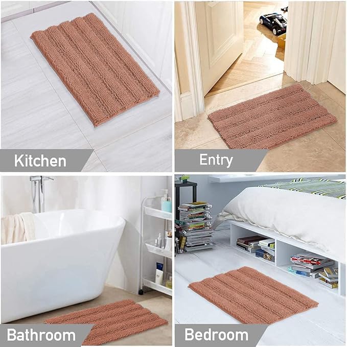Turquoize Chenille Bathroom Rugs Non-Slip Bath Mats for Bathroom Super Absorbent Shaggy Rugs for Tub Shower Toilet Plush Bath Rug Plus U Shaped Rug (Standard: 20" x 32" and 20" x 20" U), Muted Clay