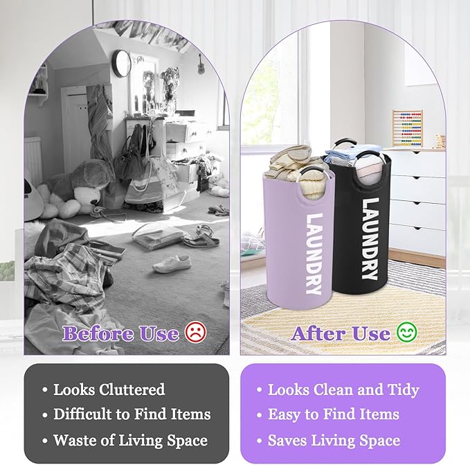 Set of 2 Collapsible Laundry Baskets with Aluminum Handles, 95L Large Laundry Baskets in 600D Oxford Fabric, Portable Dirty Clothes Hampers for Bedroom, Travel, Black + Purple