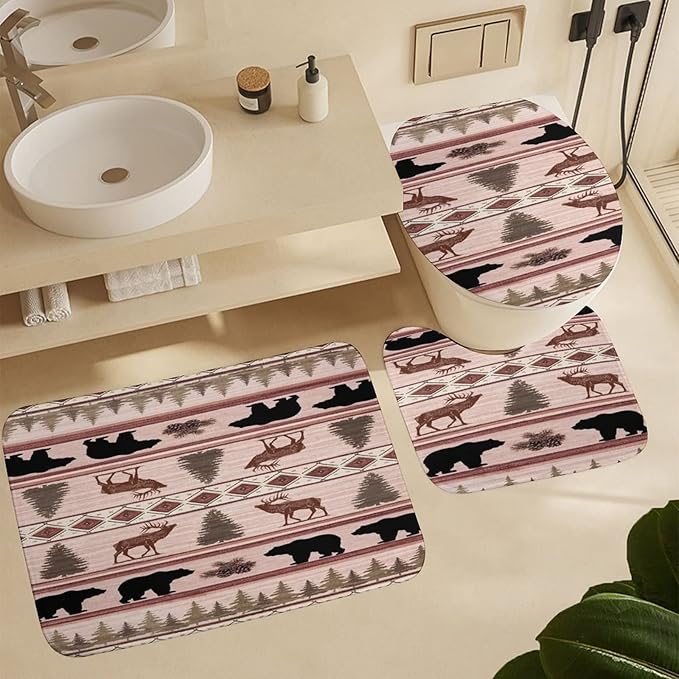 Black Bear Deer Tribal 4 Piece Shower Curtain Sets, Non-Slip Rugs, Toilet Lid Cover and Bath Mat, Durable and Waterproof, for Bathroom Decor Set One Size