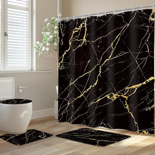 Newsely 4Pcs Black and Gold Marble Shower Curtain Set with Non-Slip Rugs, Toilet Lid Cover and Bath Mat, Abstract Crack Line Shower Curtain with 12 Hooks, Aesthetic Bath Curtain for Bathroom Decor