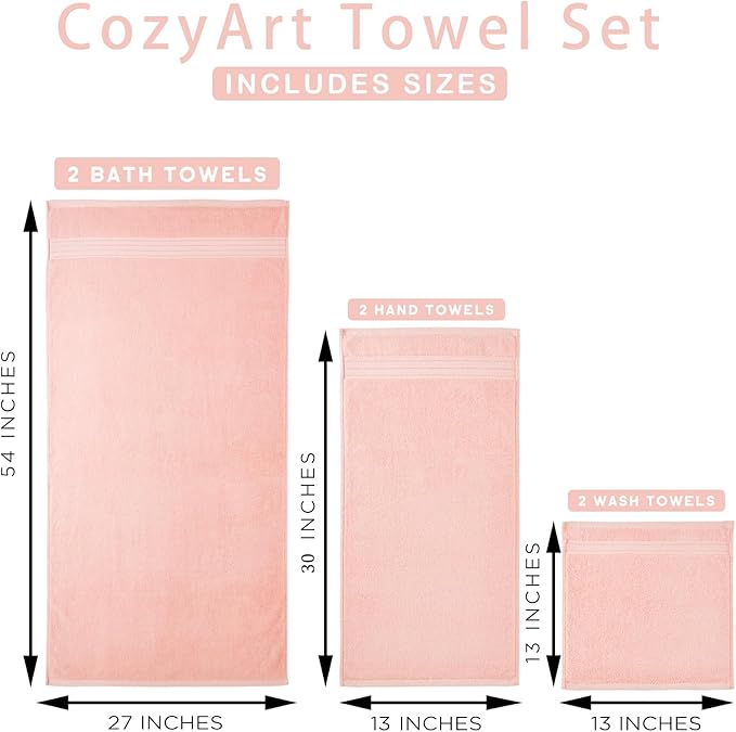 COZYART Pink Bathroom Towel Set 6Pcs, 100% Turkish Cotton Bath Towel Sets for Bathroom, Soft Absorbent, 650 GSM Luxury 6 Pcs with 2 Bath Towels, 2 Hand Towels, 2 Washcloths