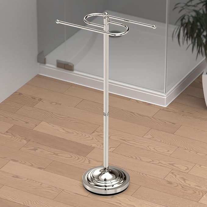 Gatco 1505PN, Modern Round Base Floor Standing S Style Towel Holder, Polished Nickel / 38" H Freestanding Hand Bath Towel Stand for Bathroom