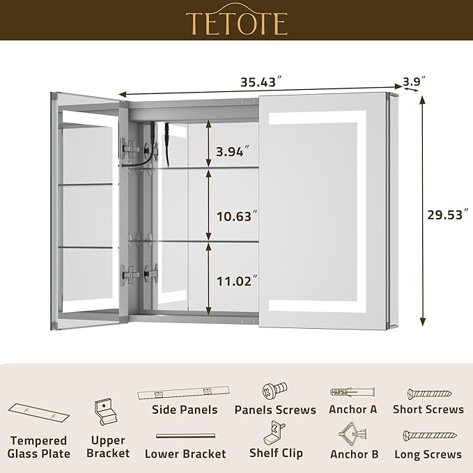 TETOTE LED Lighted Bathroom Medicine Cabinet Mirror with Lights 36 x 30 Recessed or Wall Mounted Cabinet with 2 Door, Tempered Glass, Outlets & USB, 3-Color Stepless Dimming, Defog, Adjustable Shelf