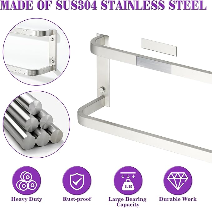 Alise Double Towel Bars for Bathroom,16'' Towel Holder Towel Racks for Bathroom Wall Mount,SUS304 Stainless Steel Double Towel Rail Towel Hanger for Walls,Brushed Nickel