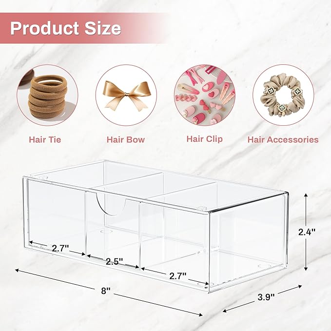 Hair Accessories Organizer for Girls, Clear Hair Bow Tie Clip Scrunchie Holder Organizer with Removable Divider, Cute Small Stackable Storage Drawer Container Caddy Box, Women Vanity Accessories, 2Pcs