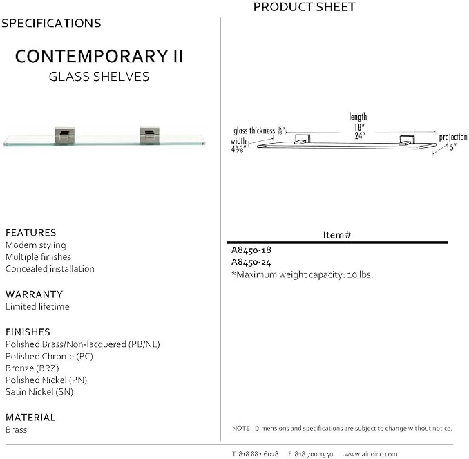 Alno A8450-18-BRZ Contemporary II Modern Glass Shelf with Brackets, 18", Bronze