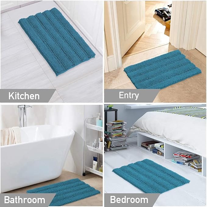 Turquoize Chenille Bath Rugs Shaggy Non Slip Blue Bath Rug, 24x36, Turquoise Blue