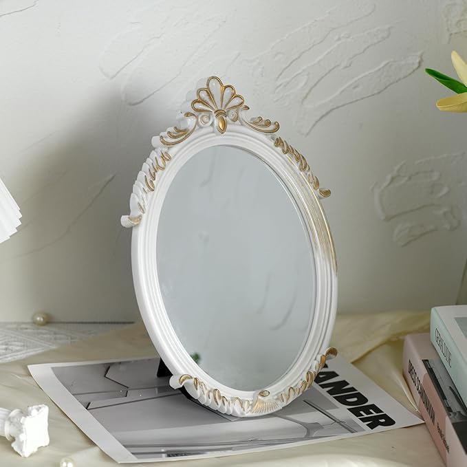 Decorative Vintage Oval Makeup Mirror with Plastic Frame,Tabletop Mirror-White 7.5 x 11 inches