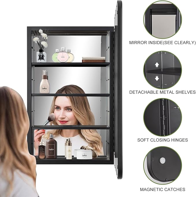 17 x 27 Bathroom Medicine Cabinet with Mirror Metal Frame Recessed Or Wall Mounted Single Door Storage Medicine Cabinets with Adjustable Shelves Rounded Corner Beveled Mirrors