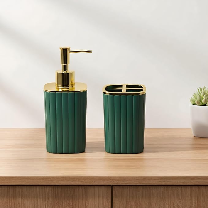 2Pack Bathroom Accessories Set, Forest Green Bathroom Set. Bathroom Toothbrush Holder Set, Includes Dispenser and Toothbrush Holder. Bohemian Bathroom Accessories