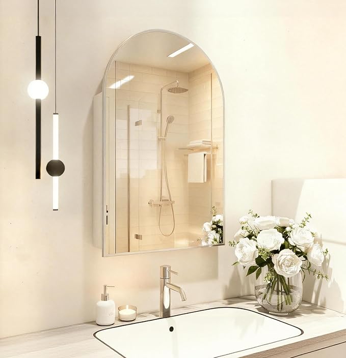 FKWin 20 x 32 Inch Arched Bathroom Medicine Cabinet with Mirror, Silver Surface Mount Wall Bathroom Cabinet, Vanity Mirror with Storage,Bathroom Medicine Cabinet with Adjustable Glass Shelf