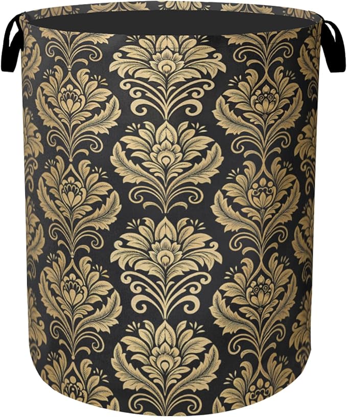 Gold Black Damask Flowers Laundry Basket - Extra Large Foldable Washable Laundry Hamper with Handles, Storage Bin for Bathroom/Laundry/Bedroom/Dorm