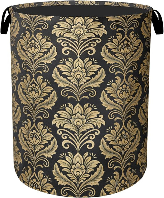 Gold Black Damask Flowers Laundry Basket - Extra Large Foldable Washable Laundry Hamper with Handles, Storage Bin for Bathroom/Laundry/Bedroom/Dorm