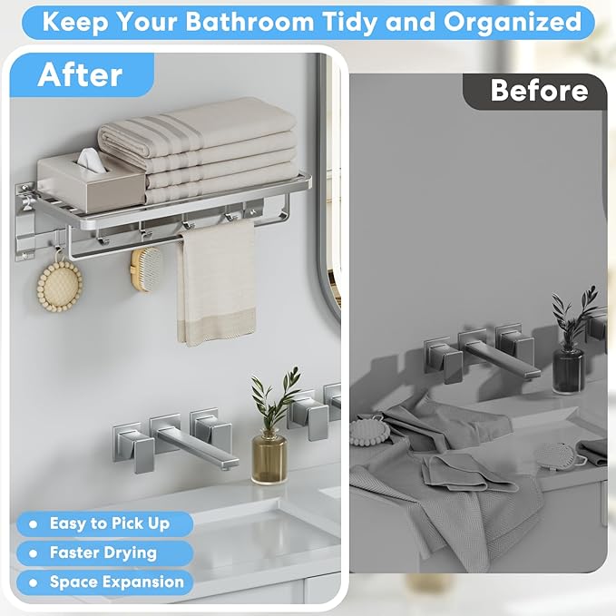 Foldable Towel Rack Wall Mounted, 23 Inch Rustproof Aluminum Bathroom Towel Shelf with Towel Bar & 5 Hooks, Space Saving Towel Storage Organizer for Bathroom Kitchen Laundry Room, Silver