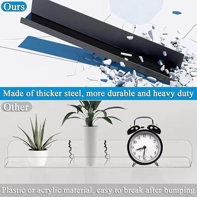 SUNGOOYUE Wall Picture Shelf, Bathroom Floating Shelves 16.93 x 2.36 x 2.36in Carbon Steel Wall Shelves with Hidden Brackets for Bathroom Living Room Bedroom (Black)