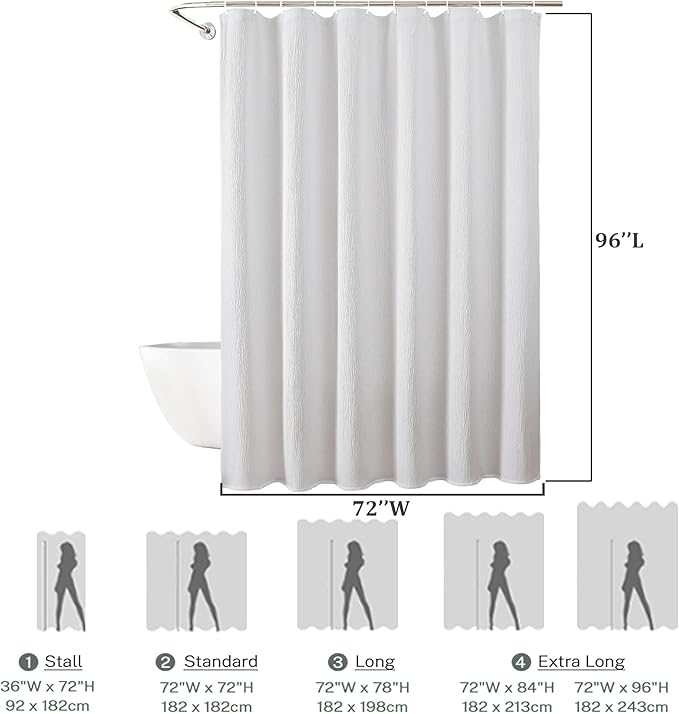 Aiyufeng Fabric White Extra Long Shower Curtain for Bathroom, 3D Textured Shower Curtain 96 Inch Long Soft Cloth & Hotel Spa Quality, Large Hotel Bathroom Curtain Boho Style, 72x96 Inches