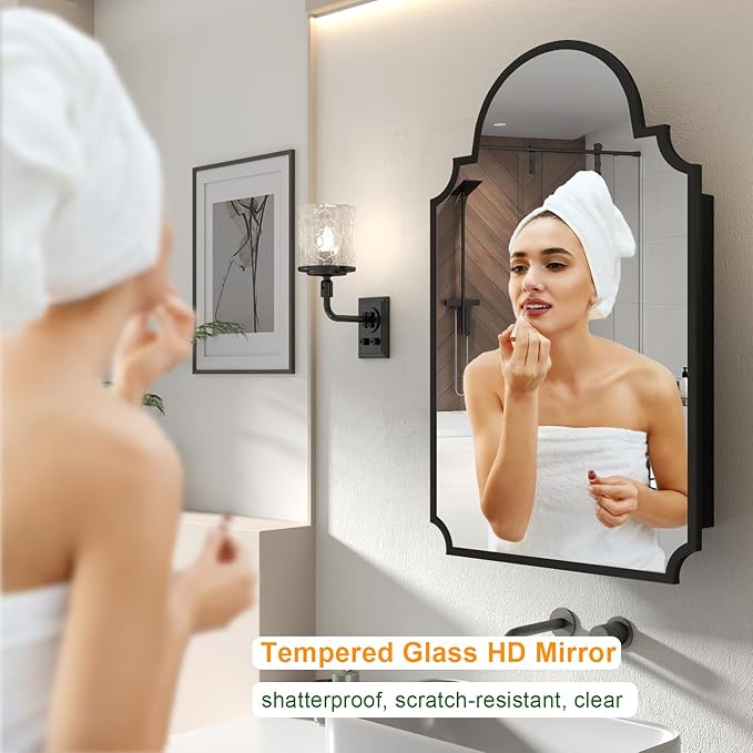 Black Decorative Medicine Cabinet Mirror, 20"x32" Recessed or Surface Mount Metal Irregular Medicine Cabinet for Bathroom, Elegant Curved Aesthetics Mirror with Storage, 2 Stable & Removable Shelves