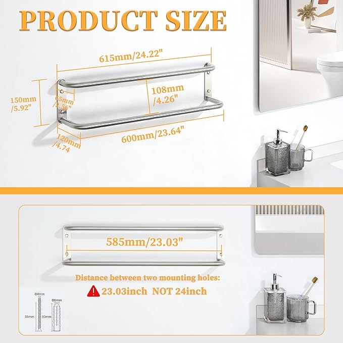 Alise Double Towel Bar,24 Inch Towel Racks for Bathroom, SUS304 Stainless Steel Towel Bar for Bathroom Wall,Quick Drying Bathroom Towel Holder Bath Towel Hanger,Brushed Nickel
