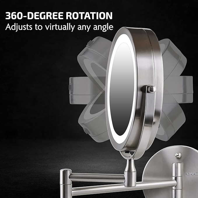 OVENTE Wall Mounted Lighted Makeup Mirror, 7" Double Sided 1X/7X Magnifying Vanity Mirror for Bathroom with LED Lights, Cordless, 360° Rotation and 13" Extendable Arm, Nickel Brushed MFW70BR1X7X