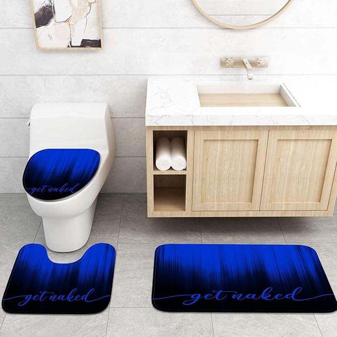 ArtSocket 4PC Blue Black Ombre Get Naked Modern Simple Shower Curtain Sets Bathroom Decor with Rugs, Non-Slip Rug,Toilet Lid Cover, Bath Mat and 12 Hooks 72x72 inches