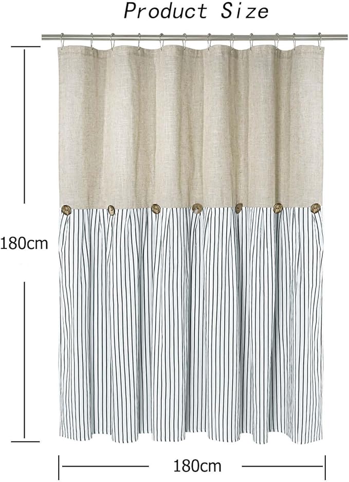 Farmhouse Shower Curtain, Beige and Blue Stripe, Button Curtain, Linen and Cotton Woven Fabric, Rustic Charm Country Chic Style, 72x72 in