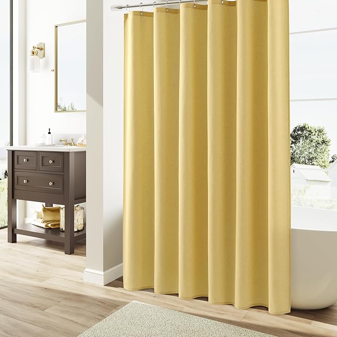 Naturoom Yellow Linen Shower Curtain, Country Boho Farmhouse Bath Decor Shower Curtains Neutral Cloth Weighted Textured Fabric Bath Curtain Liner with Hooks, 72x78