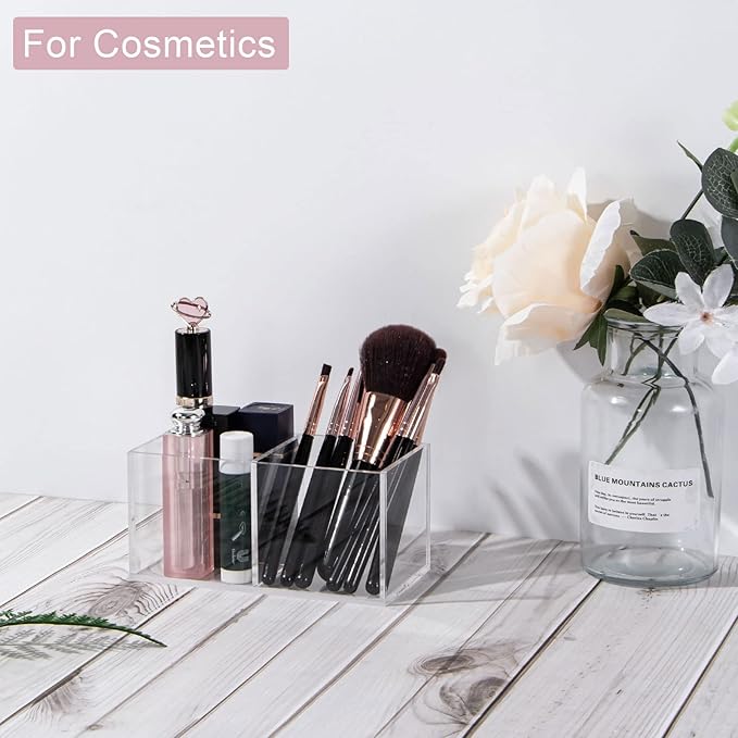 Acrylic Makeup Organizer and Storage, Makeup Brush Holder Organizer 2 Cube Sections, Clear Makeup Cosmetic Lipstick Bin Organizer for Drawer, 5.1'' ?? 2.6'' ?? 2.4''