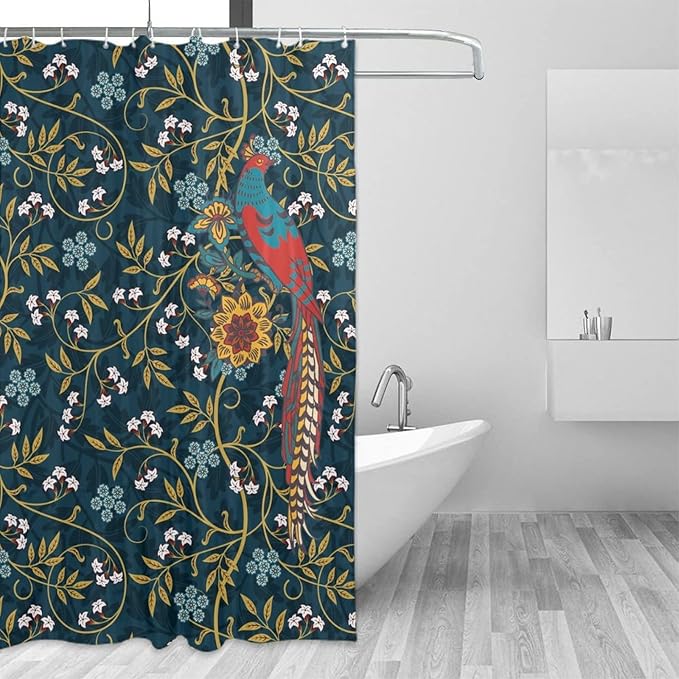 Rustic William Morris Art Print Fabric Shower Curtain,Vintage Mid Century Boho Floral Bird Hotel Quality,Machine Washable,72L x72W for Bathroom.