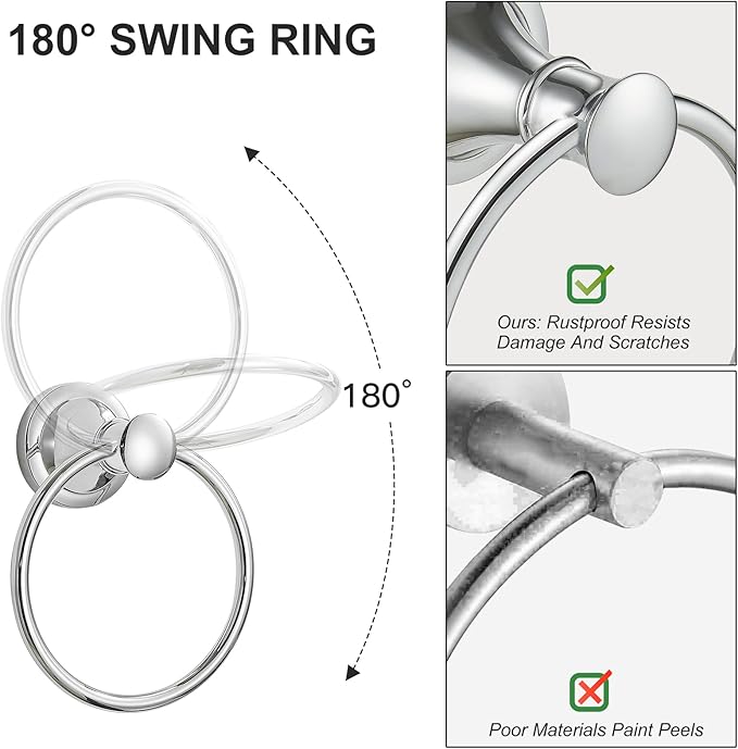 BESy Polished Chrome Bathroom Hand Towel Ring Towel Holder, Rustproof Wall Mounted Bathroom Hardware Accessory SUS 304 Stainless Steel Towel Rack