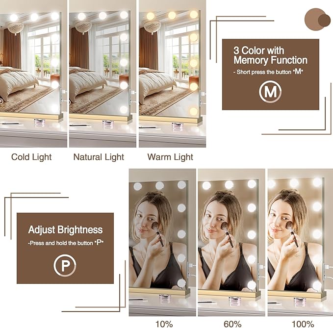 halumao Vanity Makeup Mirror with Lights, 22.8" x 19" Large Light Up Mirror with Smart Touch 3 Colors Dimmable Gold