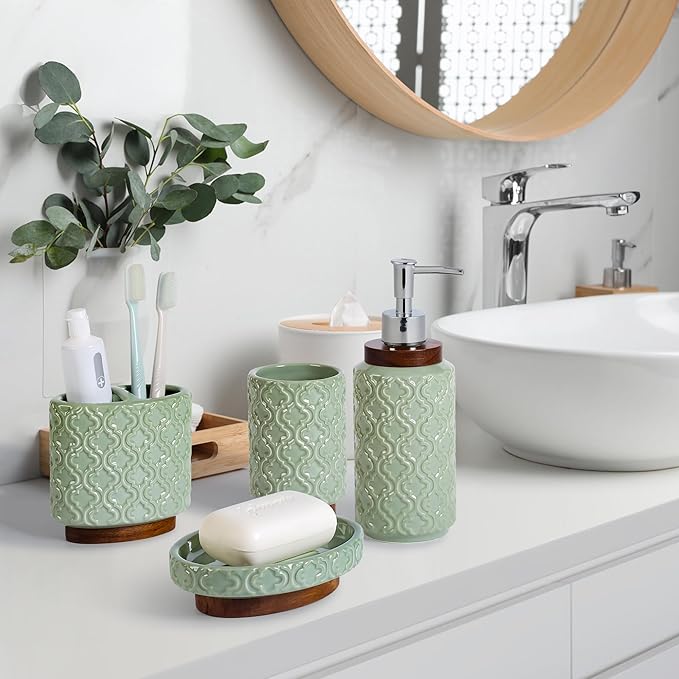 RQYIXI Elegant 4 PCS Ceramic&Wood Bathroom Accessories Set:Soap Dispenser,Toothbrush Holder,Tumbler,Soap Dish,Easy to Clean,Quatrefoil Pattern,Green-Affordable Luxury for Home Decor Enthusiasts