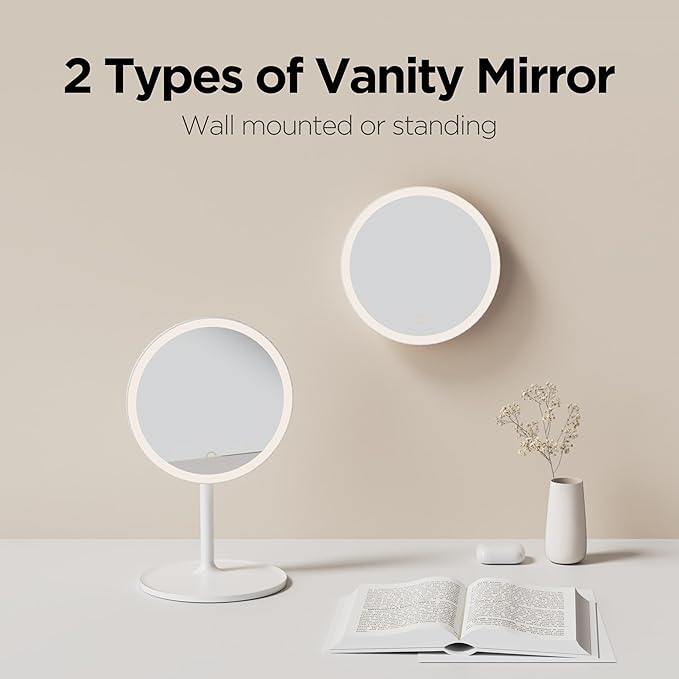 mooas Travel Makeup Mirror, Portable LED Lighted Vanity Mirror, 6.1×7.83 in Slim Foldable Mirror with Touch Control, 3-Color Dimmable Lighting, Rechargeable USB-C, Pouch Included, White (Round)