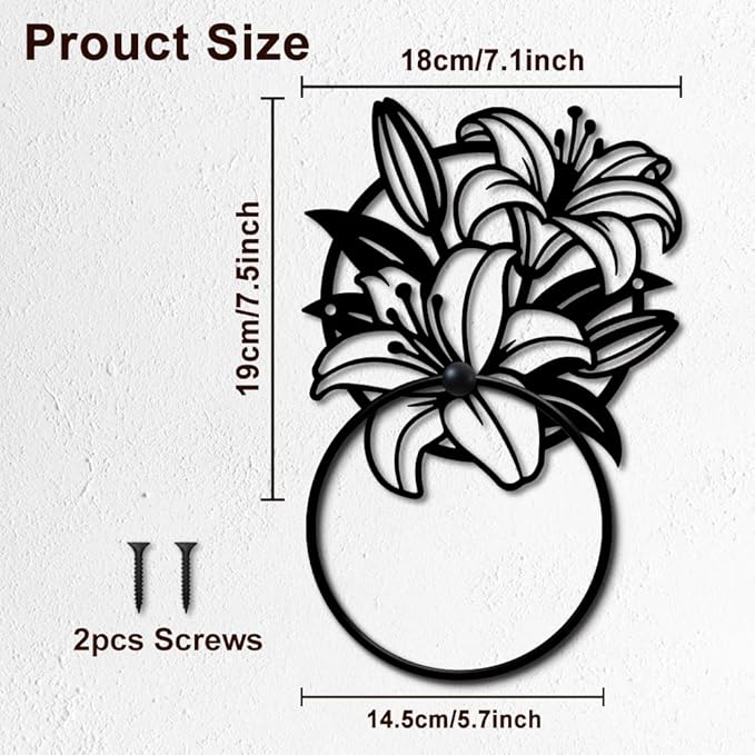 MAYJOYDIY Lily Bouquet Metal Towel Ring Round Flower Leaves Hand Towel Holder Fragrant Ring Hanger Wall Mount Black Vintage Towels Wall Organizer for Kitchen Bath Home Laundry Room Decors Gifts