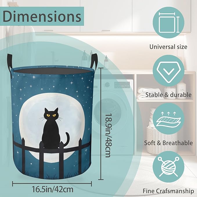 Laundry Basket With Handle, Dirty Clothes Laundry Hamper, Oxford Cloth Bin Storage Organizer for Toy Collection (Starry Night Cat)