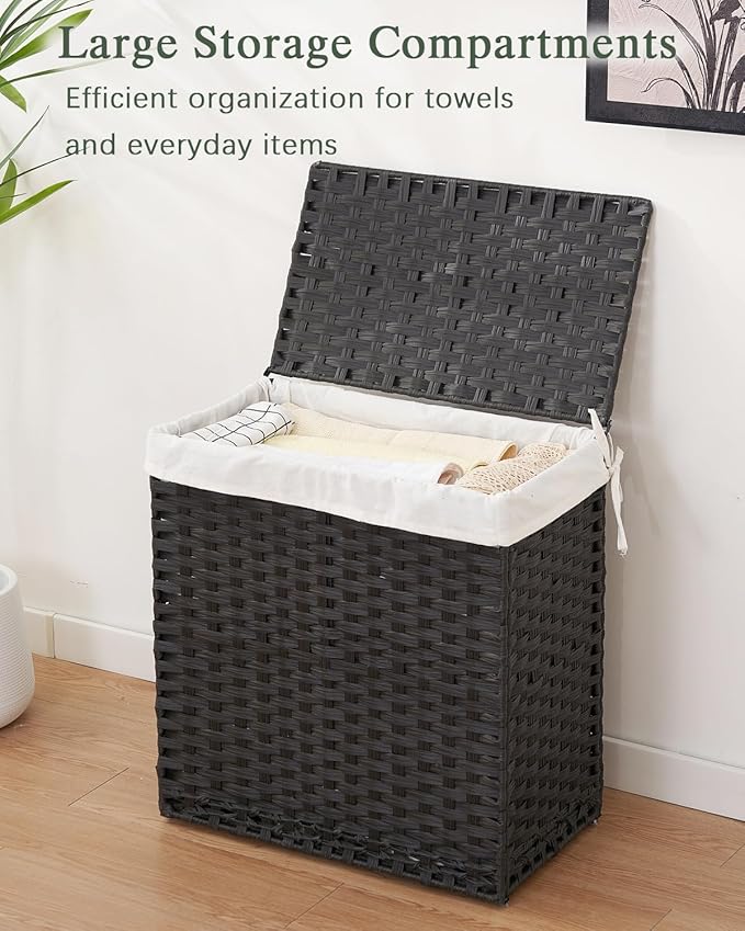 SETVSON Laundry Hamper with Lid Wicker Laundry Basket 112 L (29.6 Gal) Laundry Hampers Handwoven Rattan Clothes Hamper with Handles 3 Removable Liner Bag, 6 Mesh Bags for Bathroom Bedroom Black