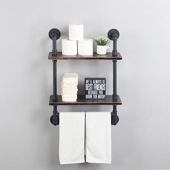 Industrial Pipe Shelf Bathroom Shelves Wall Mounted,19.6in Rustic Wood Shelf with Towel Bar,2 Tier Farmhouse Towel Rack Over Toilet,Pipe Shelving Floating Shelves Towel Holder,Retro Black