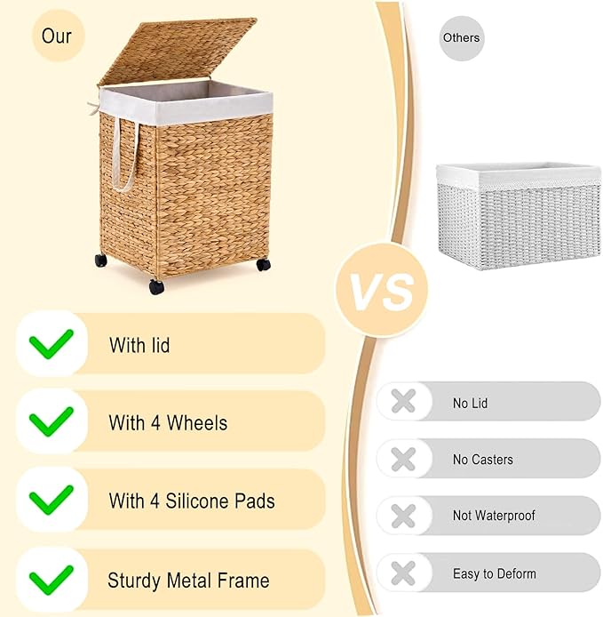 Rolling Laundry Hamper with Lid, Natural Water Hyacinth Basket with Removable Liner, Wheel or Non-Slip Installation Laundry Basket for Home Use (Natural, 100L)